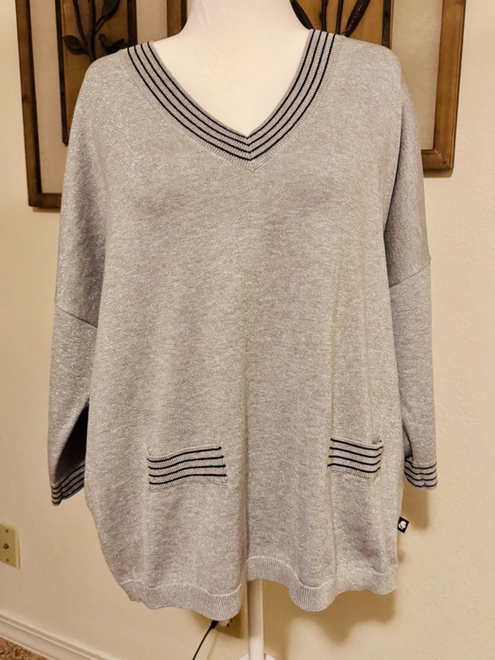 Karl Lagerfeld Silver Gray V-Neck Sweater with Striped Trim